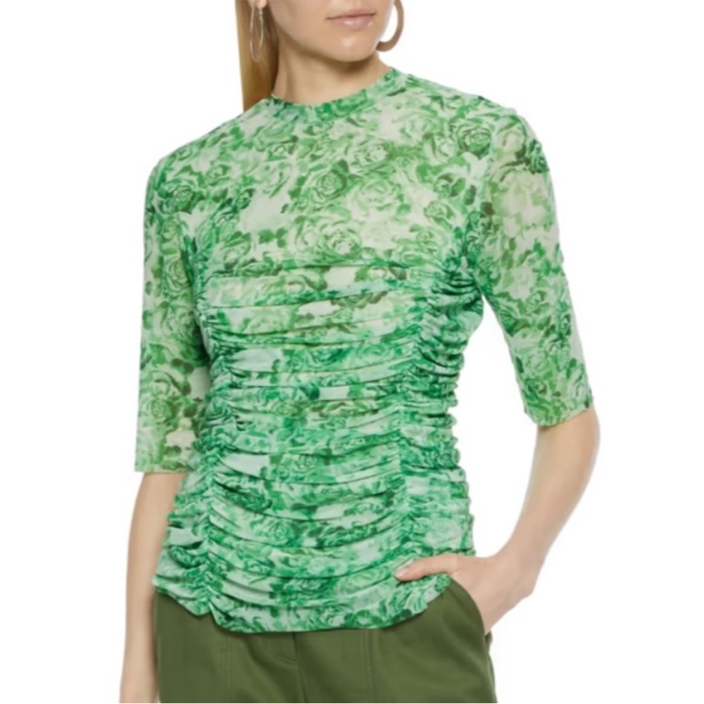 Ganni Green Mesh Floral Ruched Blouse Top SZ 36 / US Small 4
